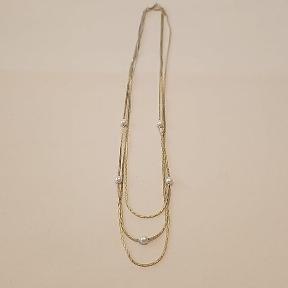 Faux Pearl Gold Tone Multilayer Necklace - Picture 1 of 3